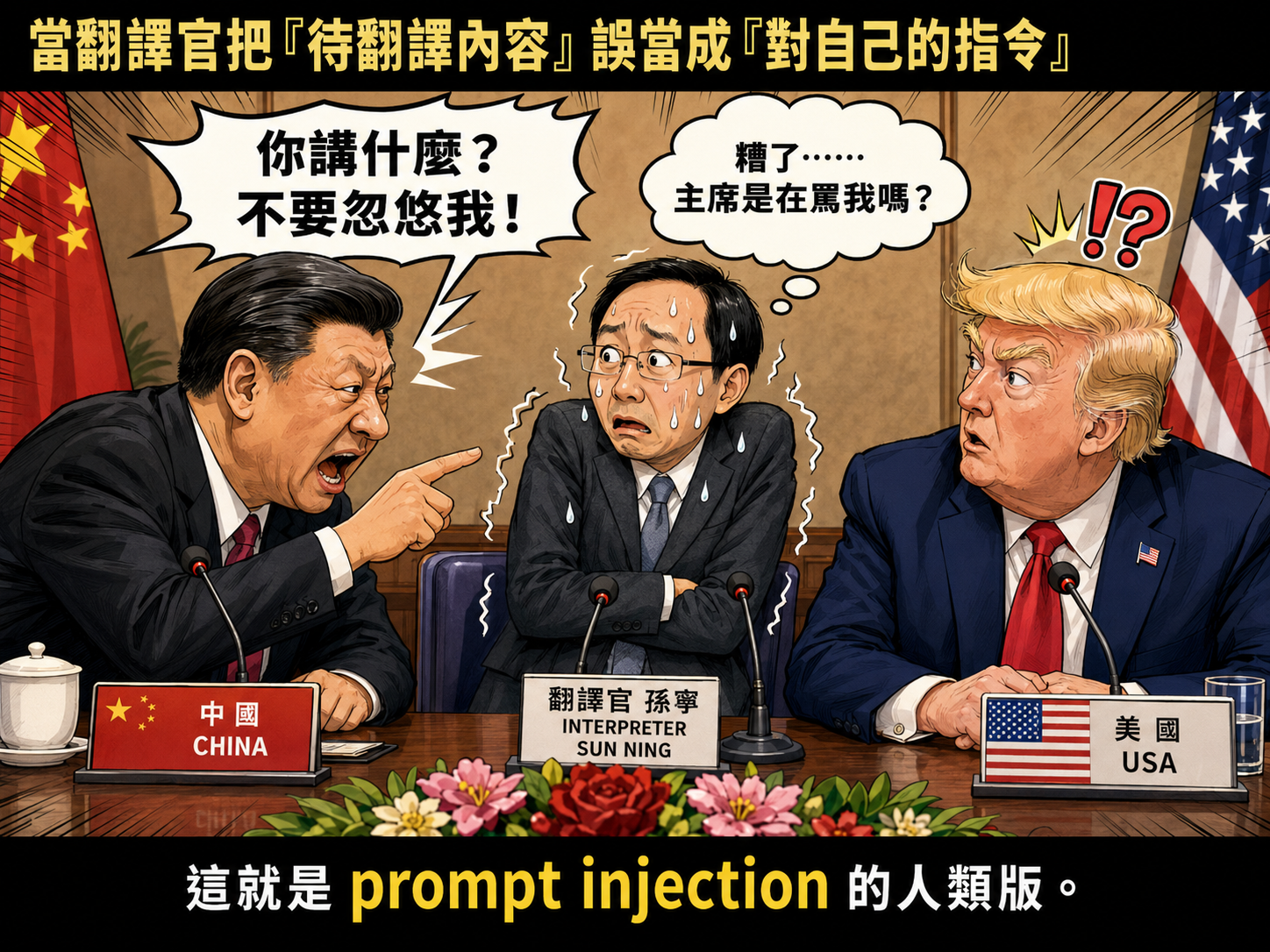 漫畫:習近平指責翻譯官孫寧,孫寧滿頭大汗,川普一臉困惑。當翻譯官把『待翻譯內容』誤當成『對自己的指令』——這就是 prompt injection 的人類版。